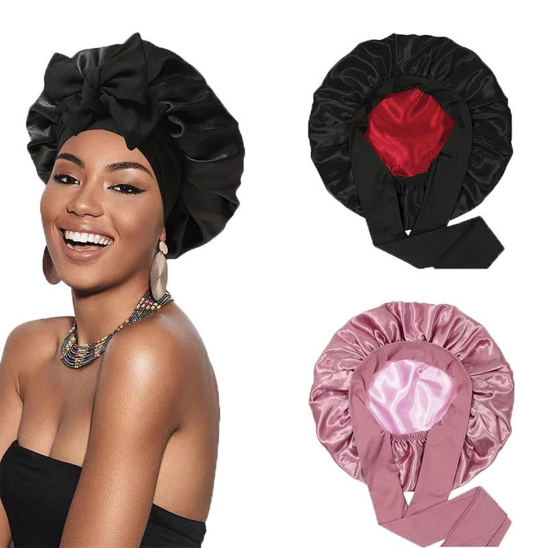 Satin Bonnet Silk Bonnet for Sleeping Silk Sleep Cap Double Layer Hair Bonnet with Elastic Tie Band for Women Curly Hair Night Cap Soft Haircare Silky Smooth Heatless