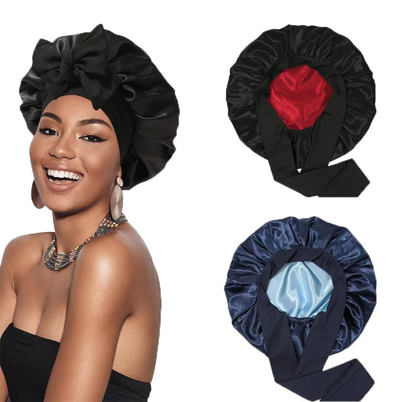 Satin Bonnet Silk Bonnet for Sleeping Silk Sleep Cap Double Layer Hair Bonnet with Elastic Tie Band for Women Curly Hair Night Cap Soft Haircare Silky Smooth Heatless