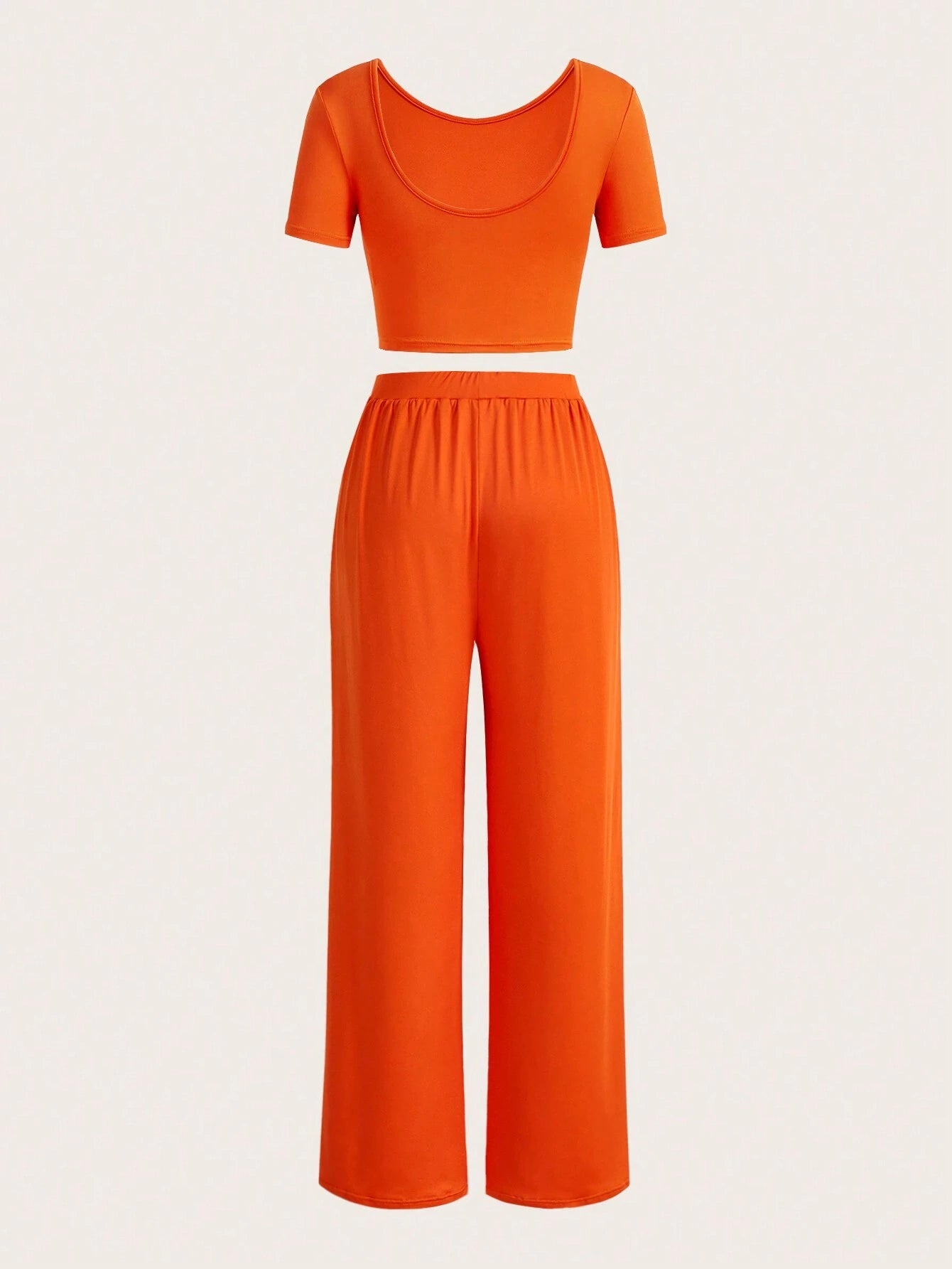 Slaydiva Orange 2Pcs Holiday Short Sleeve Cropped T-Shirt and High Waist Pleated Wide Leg Pants