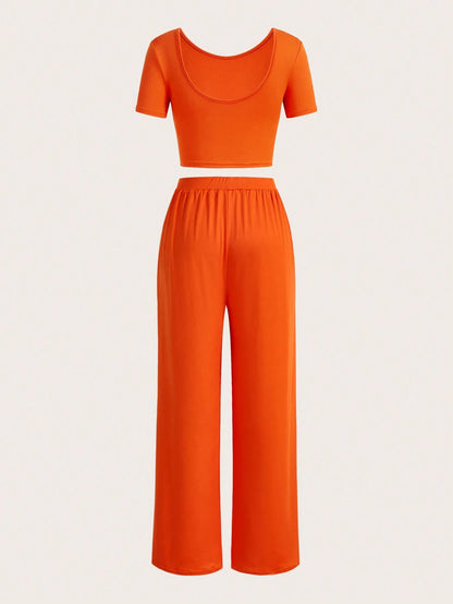 Slaydiva Orange 2Pcs Holiday Short Sleeve Cropped T-Shirt and High Waist Pleated Wide Leg Pants