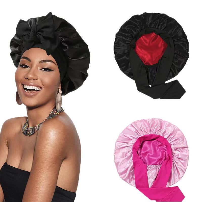 Satin Bonnet Silk Bonnet for Sleeping Silk Sleep Cap Double Layer Hair Bonnet with Elastic Tie Band for Women Curly Hair Night Cap Soft Haircare Silky Smooth Heatless