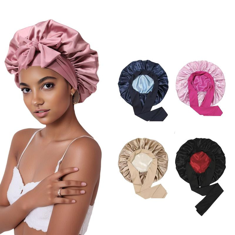 Satin Bonnet Silk Bonnet for Sleeping Silk Sleep Cap Double Layer Hair Bonnet with Elastic Tie Band for Women Curly Hair Night Cap Soft Haircare Silky Smooth Heatless