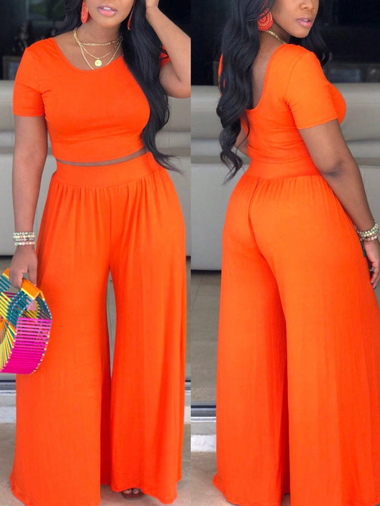 Slaydiva Orange 2Pcs Holiday Short Sleeve Cropped T-Shirt and High Waist Pleated Wide Leg Pants