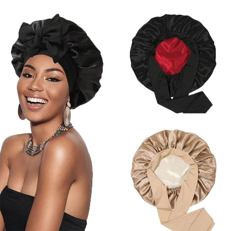 Satin Bonnet Silk Bonnet for Sleeping Silk Sleep Cap Double Layer Hair Bonnet with Elastic Tie Band for Women Curly Hair Night Cap Soft Haircare Silky Smooth Heatless