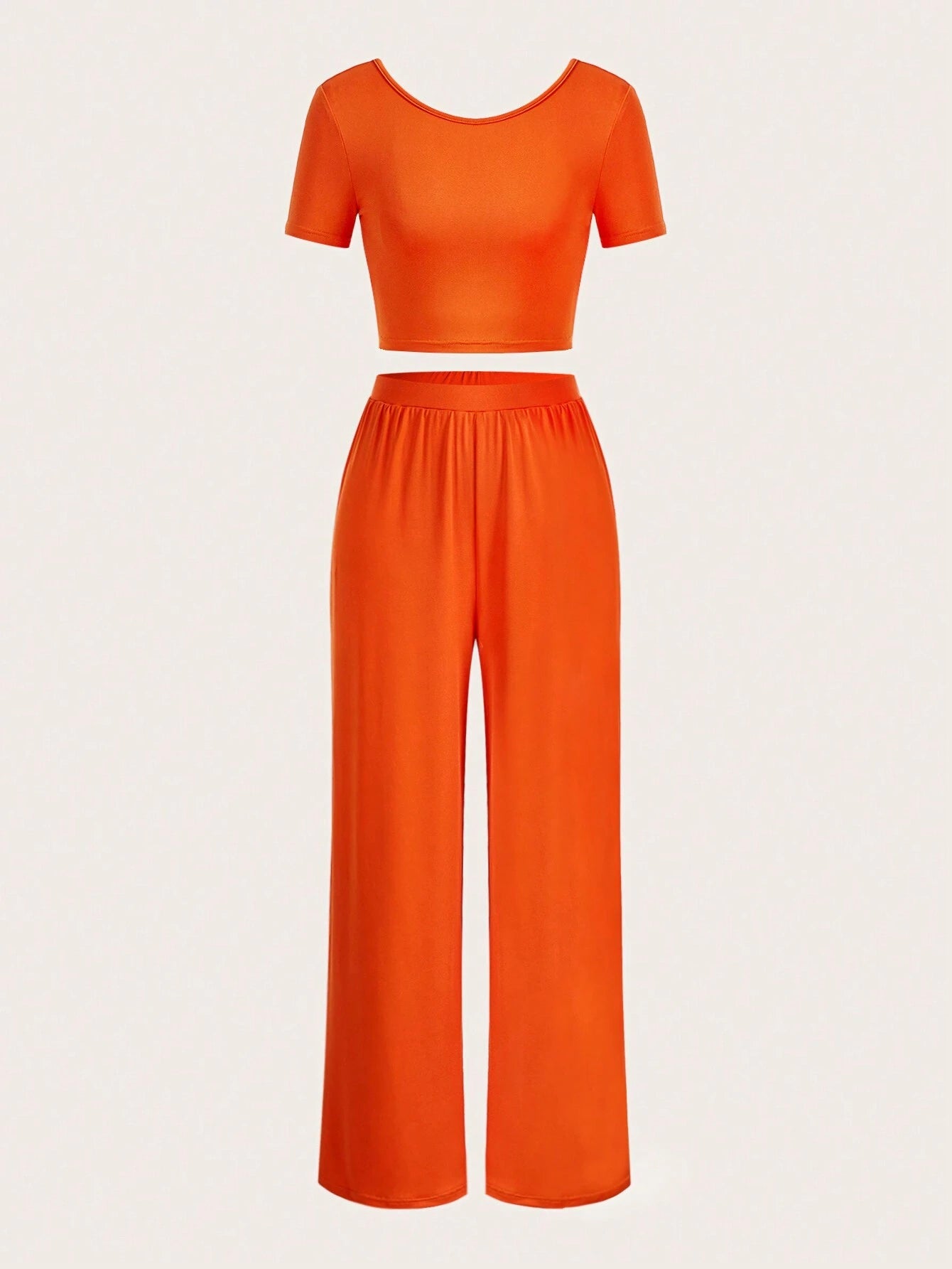 Slaydiva Orange 2Pcs Holiday Short Sleeve Cropped T-Shirt and High Waist Pleated Wide Leg Pants