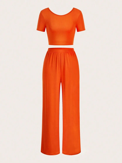 Slaydiva Orange 2Pcs Holiday Short Sleeve Cropped T-Shirt and High Waist Pleated Wide Leg Pants